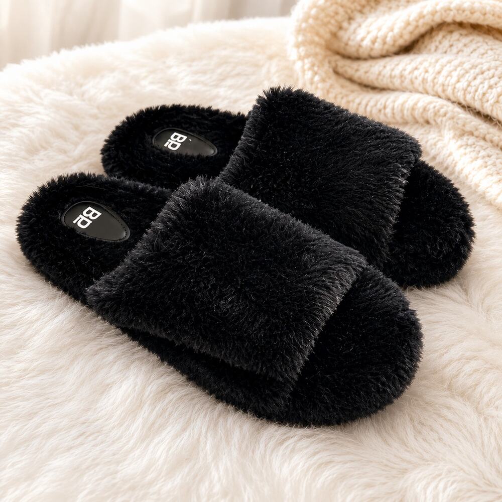 Nordstrom Slip On Slides Black Faux Fur Fuzzy Cozy Women's Slippers 11-12 New